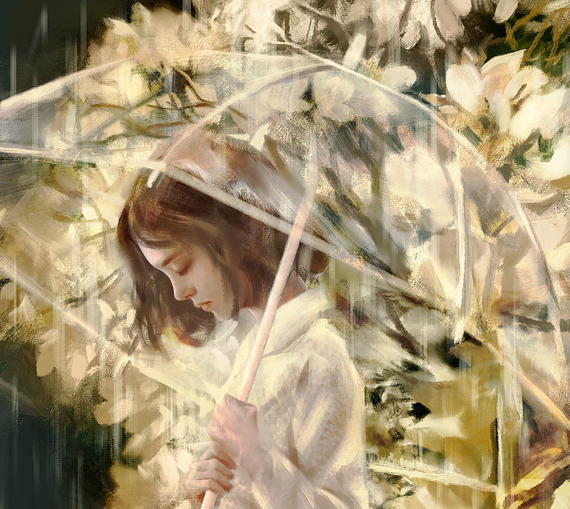 Spring rain, magnolia night, flower, spring, dong gun yoon, white, night, art, magnolia, luminos, umbrella, fantasy, girl, rain, HD wallpaper