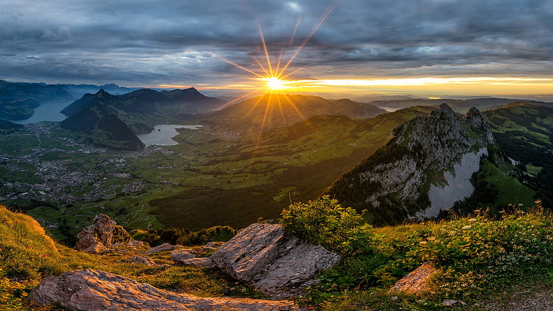 Switzerland Mountain With Sunbeam Nature, HD wallpaper