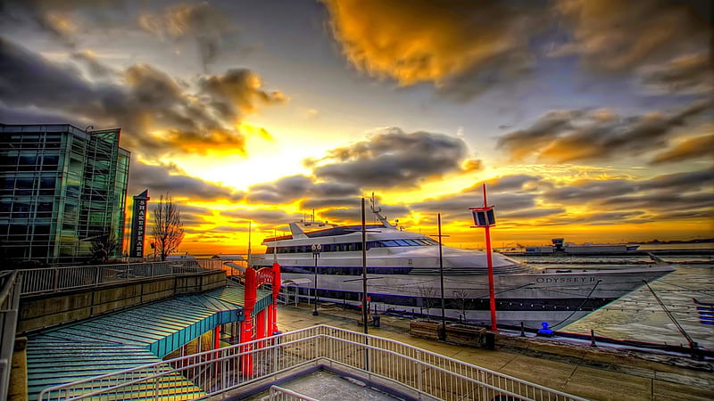 cruise ship docked on michigan lake in chicago r, cruise, ship, pier, r, sunset, lake, docks, HD wallpaper