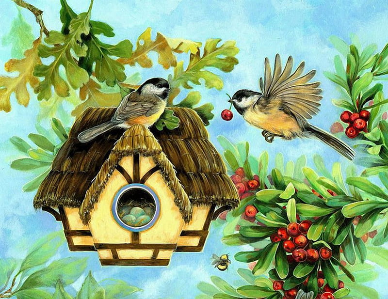 Chickadees in Spring, house, twigs, leaves, nest, painting, birds, artwork, HD wallpaper