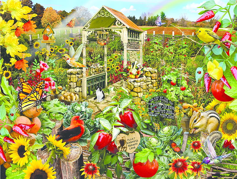 Community Garden, veggies, fruits, flowers, birds, puzzle, cat, HD wallpaper
