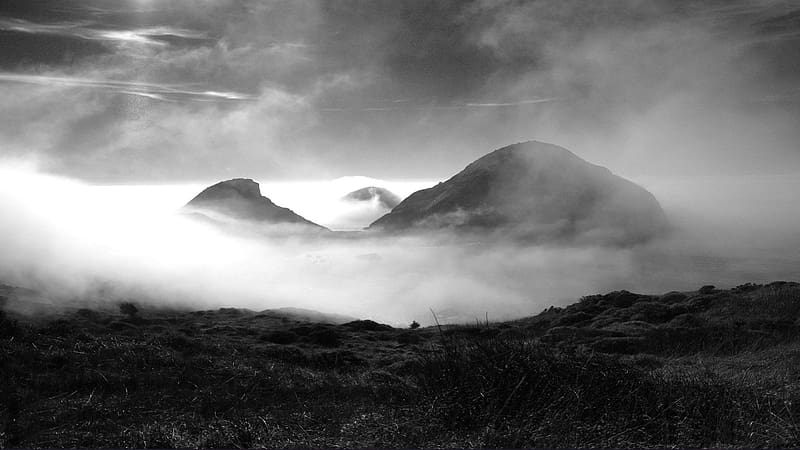 Mountain, Fog, , Hill, Cloud, Black & White, HD wallpaper