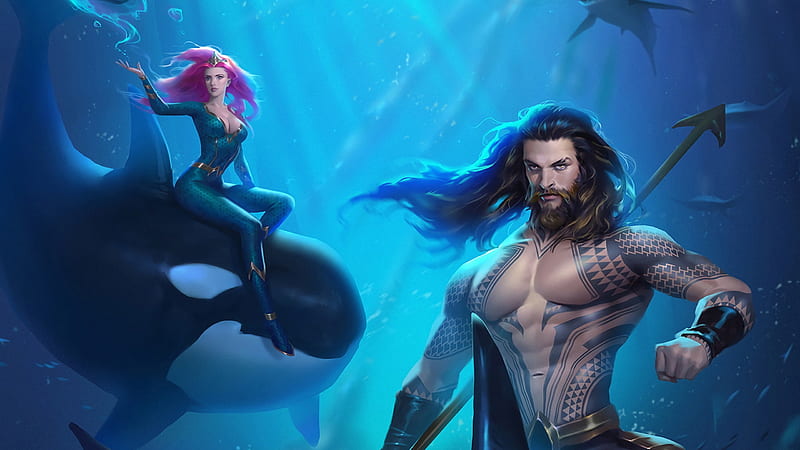 Aquaman and Mera, man, aquaman, couple, blue, mera, luminos, mermaid, comics, fantasy, foritis, girl, HD wallpaper