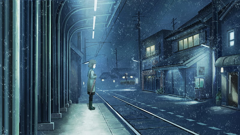 Waiting For The Train, anime, anime short hair, pretty girl, tagme, night, anime city, cold, HD wallpaper