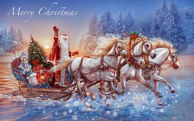 Santa’s Three Horse Sleigh, sleigh, holiday, christmas, Merry Christmas, Santa, outdoors, horses, winter, snow, Gifts, vintage, HD wallpaper