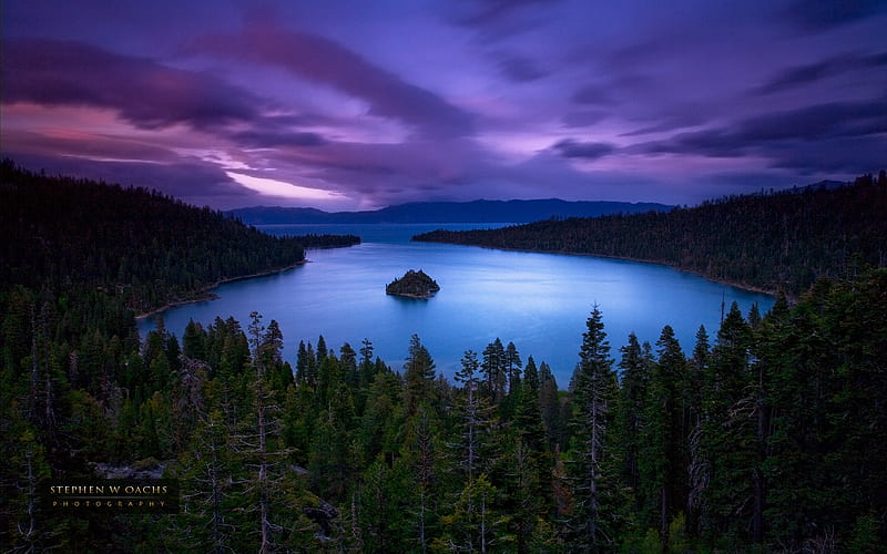 Emerald Bay, Lake Tahoe, California, water, colors, trees, sky, clouds, HD wallpaper