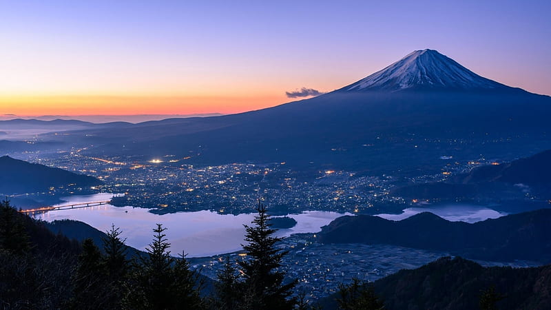 Fujiyama, japanese, cityscape, lake, mountain, japan, city, nature, scenery, fuji, HD wallpaper