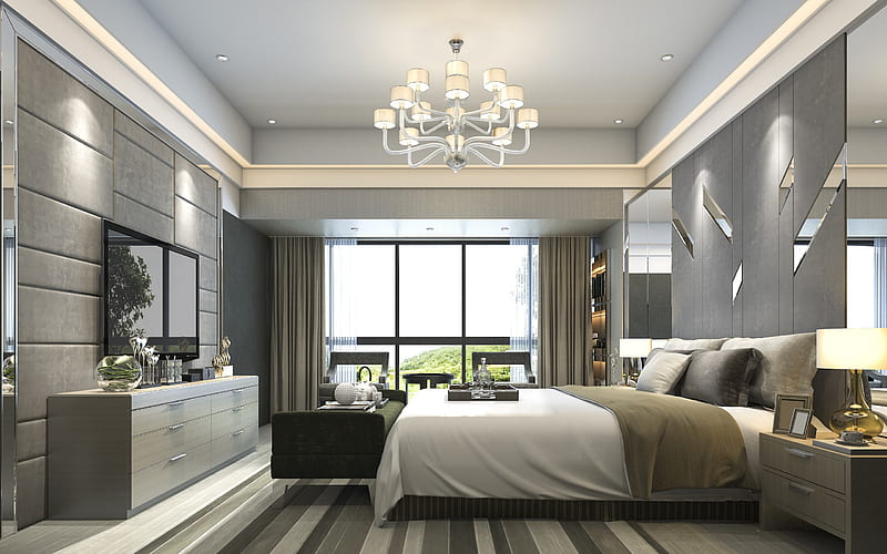 bedroom, gray stylish interior, modern interior design, classic style, gray walls, bedroom design, HD wallpaper