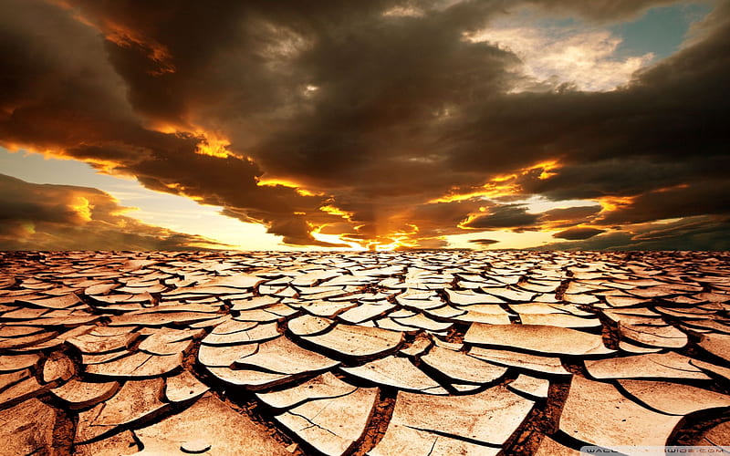 drought, sunset, parched land, dark clouds, arid, HD wallpaper