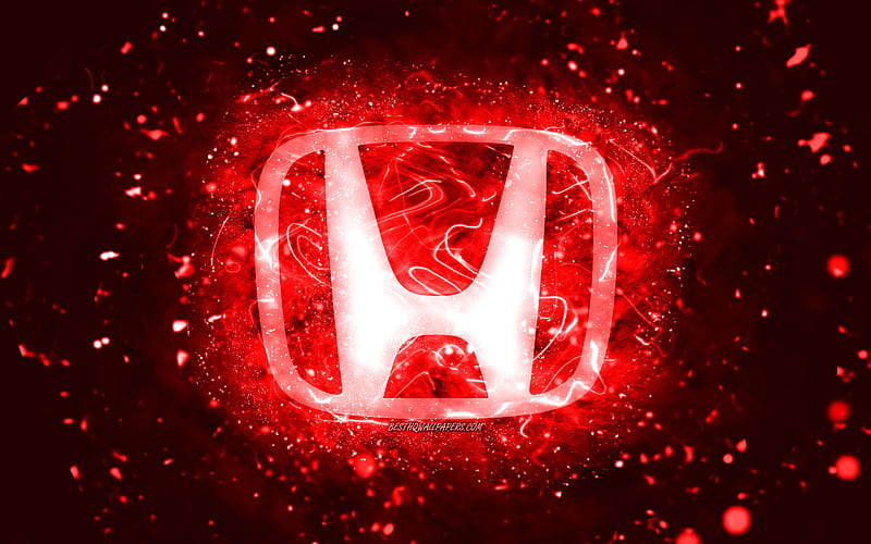 Honda red logo, , red neon lights, creative, red abstract background, Honda logo, cars brands, Honda, HD wallpaper