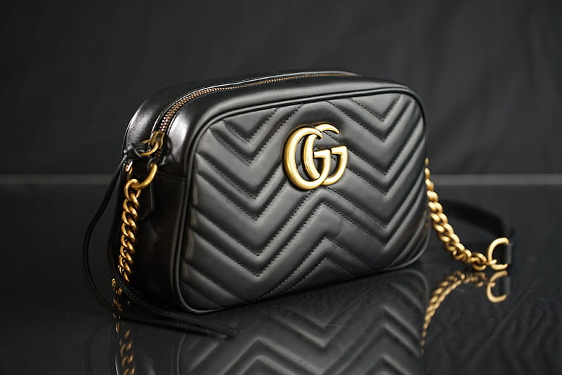 black Gucci leather shoulder bag, HD wallpaper