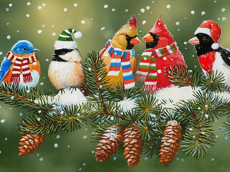Festive birds, snowflake, gathering, festive, christmas, snow, birds, branch, winter, snowfall, HD wallpaper