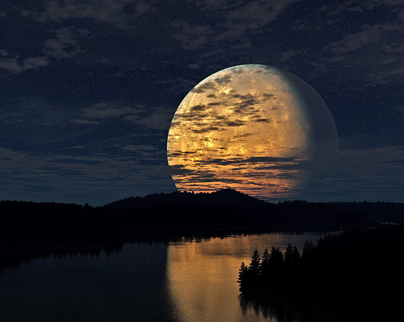Moon, bonito, dark, lake, landscape, night, river, sky, space, stars, HD wallpaper