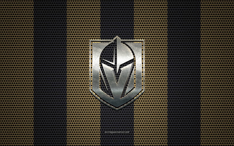 Vegas Golden Knights logo, American hockey club, metal emblem, golden black metal mesh background, Vegas Golden Knights, NHL, Las Vegas, Nevada, USA, hockey, HD wallpaper