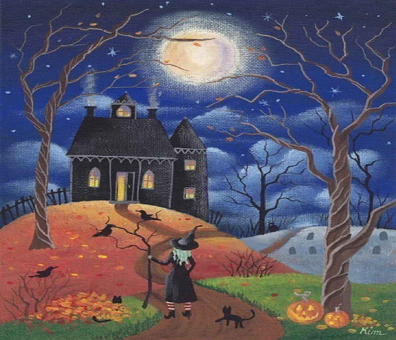 Witch's House, witch, moon, leaves, crows, cat, HD wallpaper | Peakpx