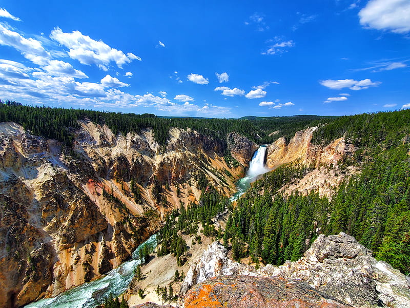 Yellowstone, canyon, grand, mountains, national, nature, outdoors, park, waterfall, wilderness, HD wallpaper