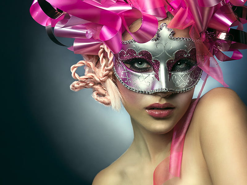 Pink Mask, pretty, bonito, woman, silver, elegant, women, graphy, fantasy, people, figure, gris, bradley, face, pink, skin, models female, female, colors, black, abstract, cute, august, colours, eyes, fashion, white, mask, HD wallpaper
