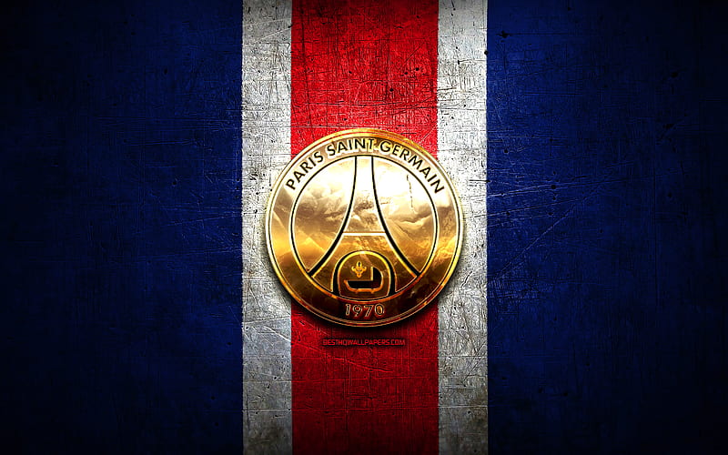 PSG, golden logo, Ligue 1, blue metal background, France, football, Paris Saint-Germain FC, french football club, PSG logo, soccer, PSG FC, Paris Saint-Germain, HD wallpaper