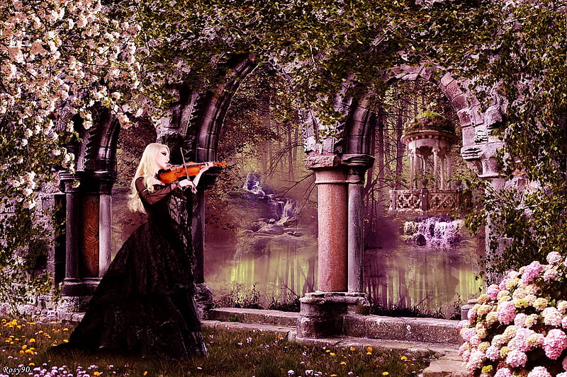 Violin, Landascape, Lake, Flowers, Waterfall, Arch, Forest, Scenery, Fantasy, Nature, HD wallpaper