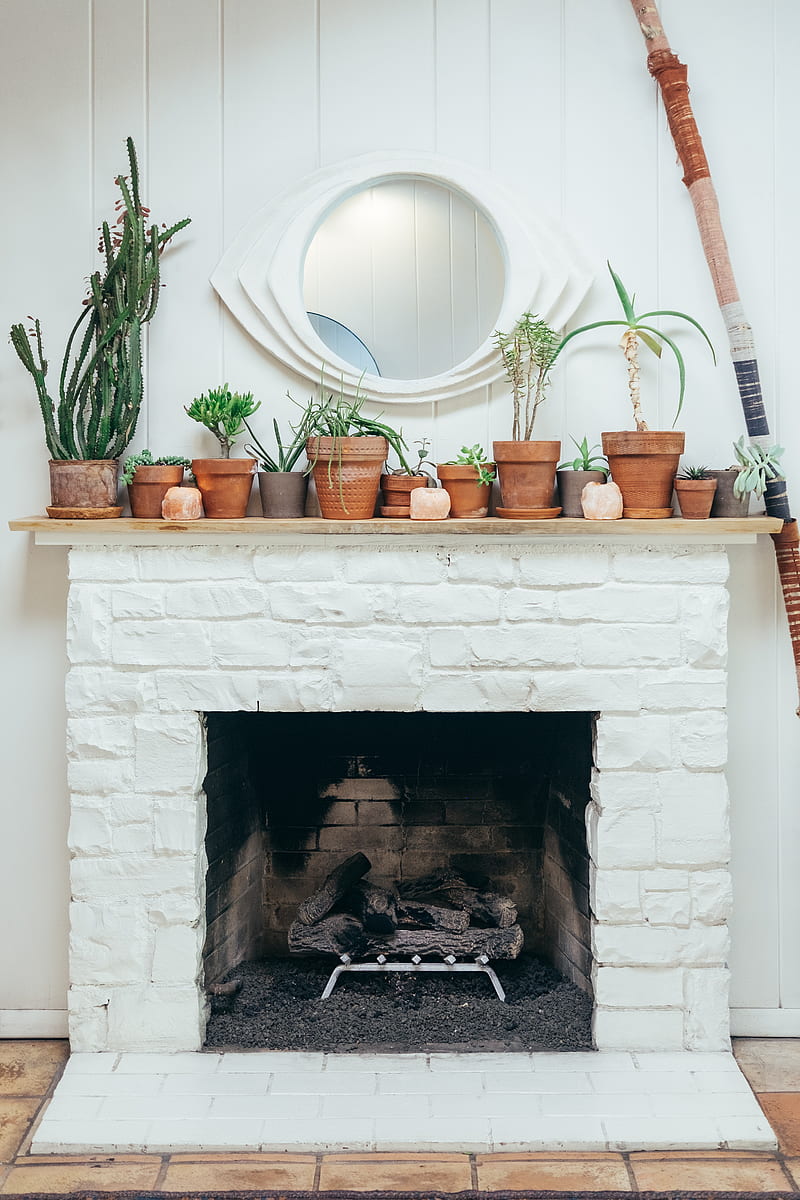 assorted pots on top of white fireplace, HD phone wallpaper
