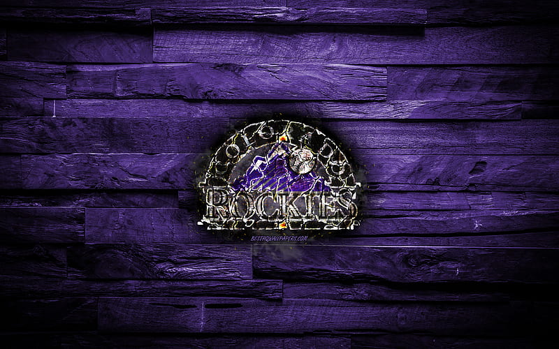 Colorado Rockies scorched logo, MLB, violet wooden background, american baseball team, The Rox, grunge, baseball, Colorado Rockies logo, fire texture, USA, HD wallpaper
