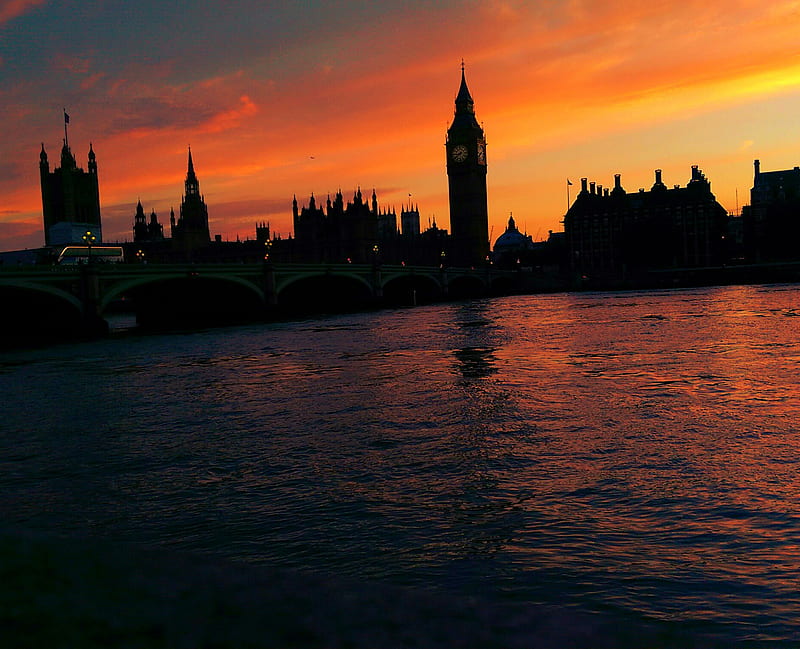 Big ben, england, london, sea, sky, sun, sunset, united kingdom, HD wallpaper