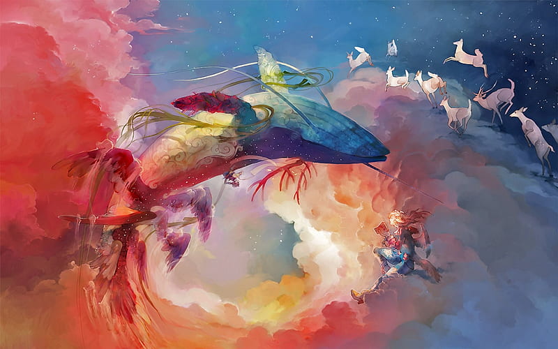 Sky Breach, wings, angel, magic, sky, clouds, deer, fantasy, whale, color, surreal, HD wallpaper