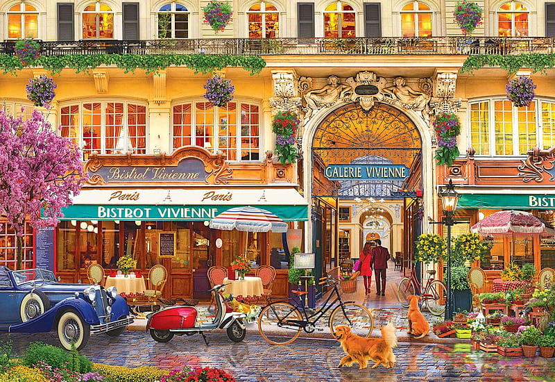 Bistrot Vivienne, people, paris, house, restaurant, artwork, painting, HD wallpaper