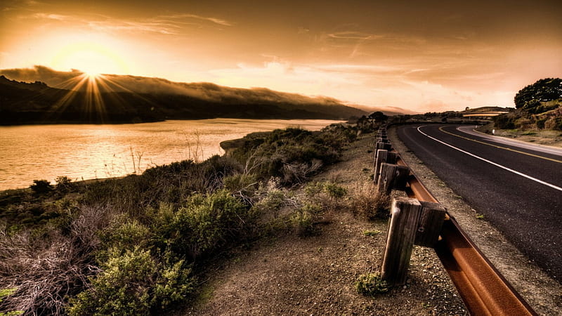 highway along a river bank, highway, shore, guard rail, river, sunset, HD wallpaper