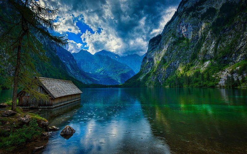 Obersee, Berchtesgaden National Park, Konigssee, mountain lake, mountain landscape, evening, sunset, rain, Berchtesgadener Land, Germany, HD wallpaper