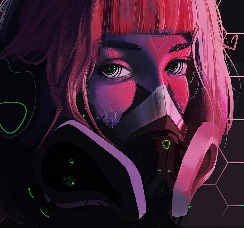 respirator, face, mask, cyberpunk, girl, eyes, HD wallpaper
