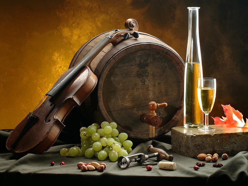 Wine, violin, lovely, graper, bottle, fruits, glasses, bonito, barrel, bottle of wine, still life, nuts, glass, graphy, beauty, HD wallpaper