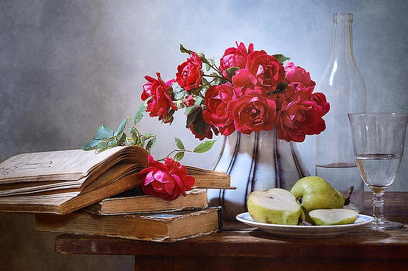 Still Life Glass Pears Roses Bottle Plate HD Wallpaper Peakpx