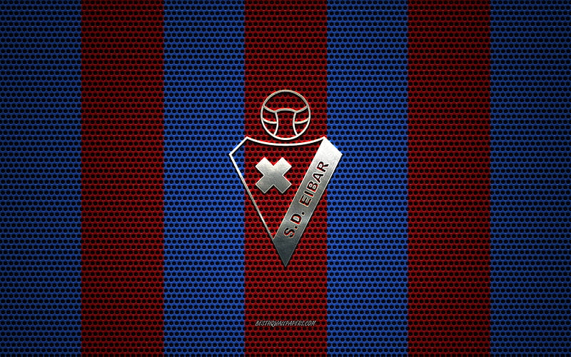 SD Eibar logo, Spanish football club, metal emblem, red-blue metal mesh background, SD Eibar, La Liga, Eibar, Spain, football, HD wallpaper