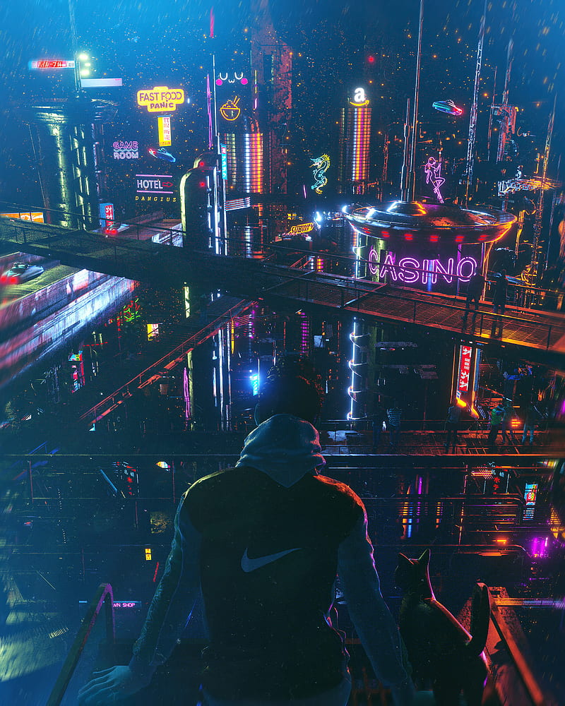 Arte Digital Ciudad Cibernética Cyberpunk Gatos Obra De Arte Fondo De Pantalla De Teléfono 8654