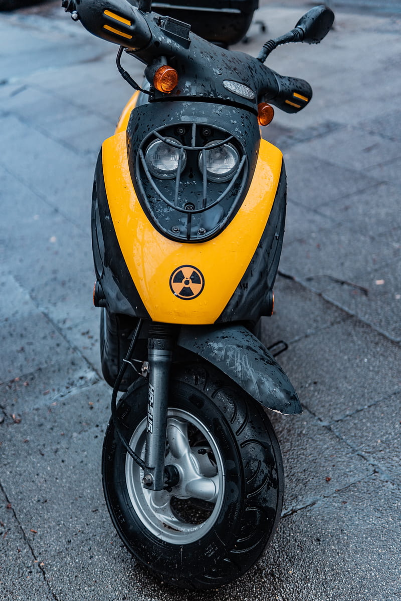 moped, scooter, yellow, wet, front view, HD phone wallpaper