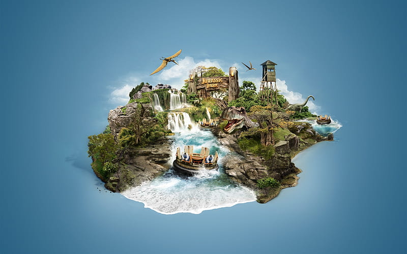 Jurassic Park, poster, movie, sea, water, green, island, white, dinosaur, HD wallpaper