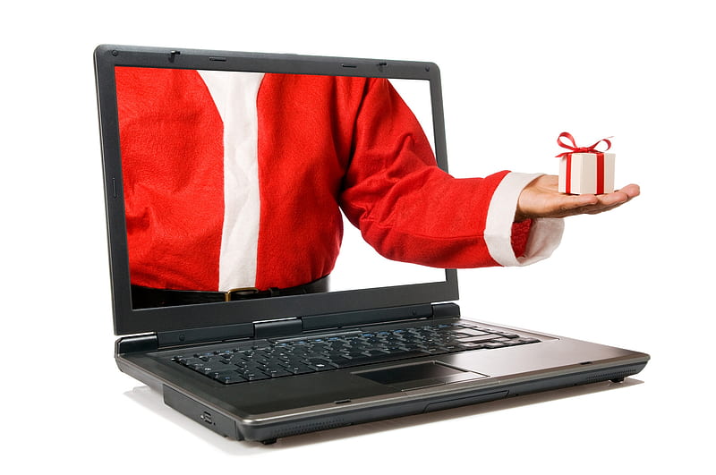 Merry Christmas!, red, craciun, christmas, gift, laptop, santa, computer, hand, funny, white, HD wallpaper