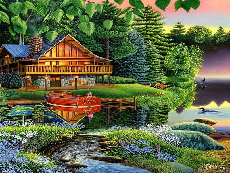 Paradise place, stream, shore, silent, house, riverbank, grass, cabin, lights, countryside, nice, boat, flowers, deers, reflection, art, lovely, quiet, lity, greenery, trees, water, serenity, paradise, colorful, cottage, bonito, leaves, dock, painting, river, tranquility, forest, calmness, place, creek, peaceful, summer, nature, HD wallpaper