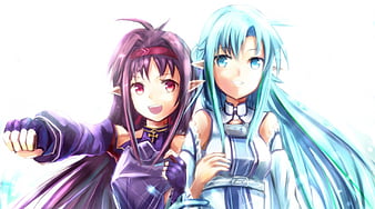 Shikei, tongue out, blue hair, purple hair, blue eyes, red eyes, Yuuki  Asuna (Sword Art Online), two women, Sword Art Online, anime, Konno Yuuki,  anime girls, elves, pointy ears