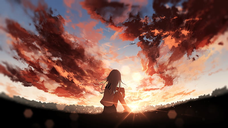 School Girls Anime Flying Night Sky Sunset 4K Wallpaper #6.2587