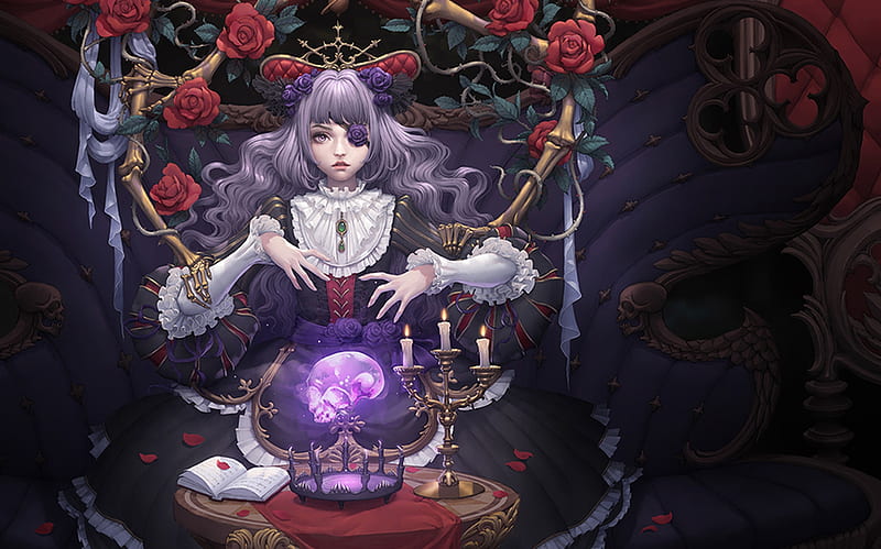 Witch, red, candle, rose, manga, sorceress, ball, fantasy, purple, anime, hand, flower, HD wallpaper