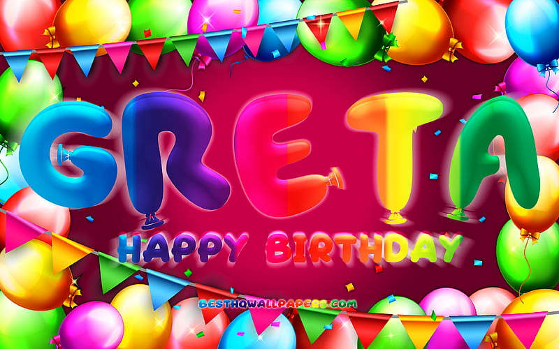 Happy Birtay Greta colorful balloon frame, female names, Greta name, purple background, Greta Happy Birtay, Greta Birtay, popular Italian female names, Birtay concept, Greta, HD wallpaper