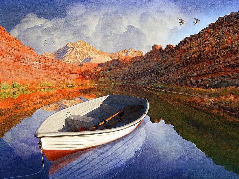 Colorado River Rowboat, boat, water, painting, reflections, canyons, clouds, sky, HD wallpaper