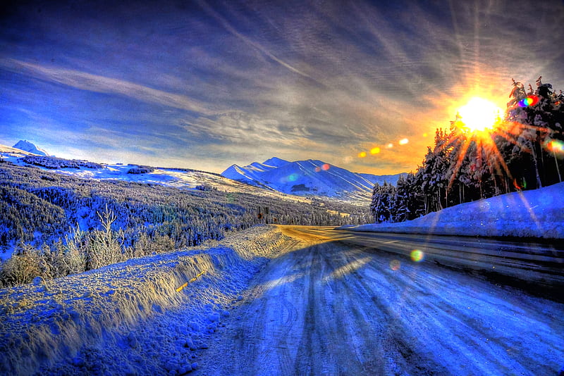 Winter Roads of Alaska, lovely, alaska, sunlight, bonito, clouds, winter, cold, frosty, snow, sunrise, sunshine, turnagain pass, HD wallpaper