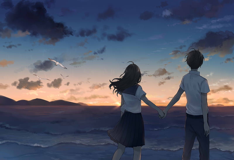 BY MY SIDE, sunset, sky, anime boy, sea, boy, girl, anime, love, anime girl, HD wallpaper