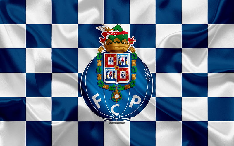 FC Porto logo, creative art, blue white checkered flag, Portuguese football club, Primeira Liga, Liga NOS, emblem, silk texture, Porto, Portugal, football, HD wallpaper