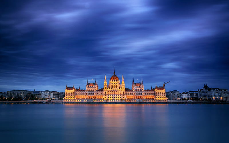 Hungarian Parliament Building, Budapest, evening, sunset, Danube river, landmark, Hungary, Parliament of Budapest, HD wallpaper