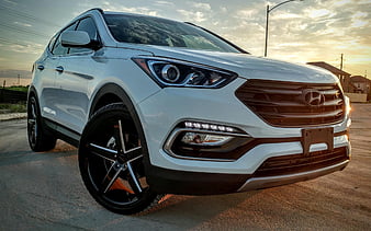 Hyundai Santa Fe, 2017, front view white SUV, new cars, Hyundai, HD wallpaper