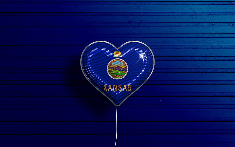 I Love Kansas realistic balloons, blue wooden background, United States of America, Kansas flag heart, flag of Kansas, balloon with flag, American states, Love Kansas, USA, HD wallpaper
